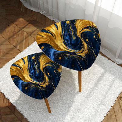 Minimalist Abstract Gold Navy Blue Marble Swirling Artistic Design Metallic Triangle Nesting Coffee Table Set of 2 Multi Functional Freestanding End Table Space Saving Stackable Side Table Furniture for Teens Adults Families Renters Living Room Bedroom