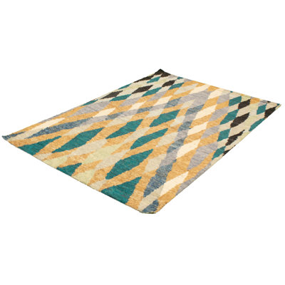 Tapis à main one-of-kind noué la blue/crème/rouge 6 pi 5 po x 9 pi zone de laine 6 po Finvoy