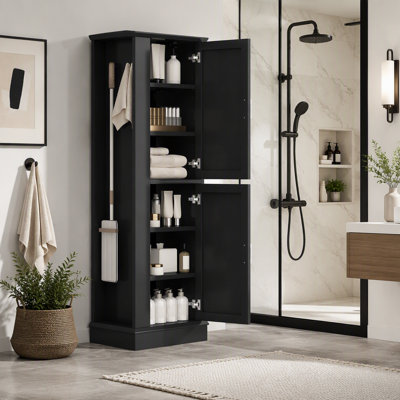 68" H Freestanding Tall Bathroom Storage Cabinet, MDF Floor Storage Cabinet with Side Hooks & Adjustable Shelves, Bathroom Organizer Cabinet for Bathroom, Laundry Room