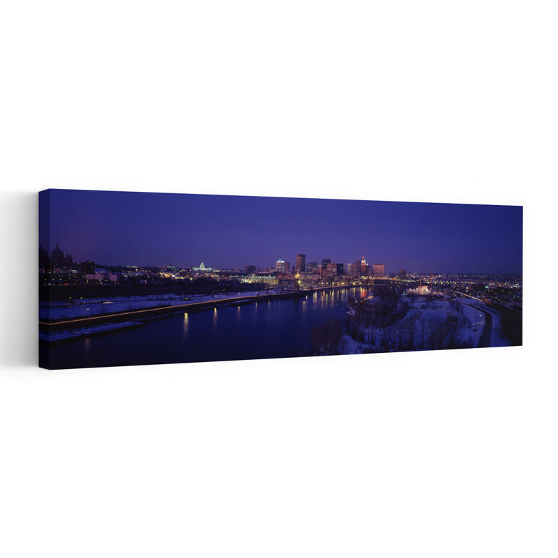 Reflection of buildings in a river at night Mississippi River Minneapolis and St Paul Minnesota USA 1 Piece Wrapped Canvas Panoramic Wall Art