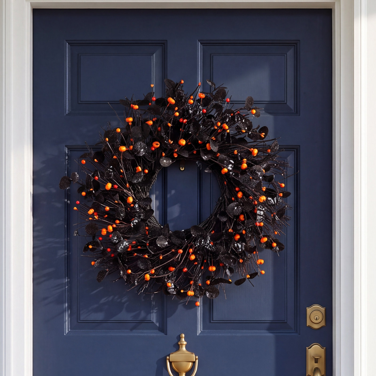 22.00"DHalloween Eucalyptus Pumpkin Bat Wreath  Includes a Complimentary Black Metal Wreath Hanger
