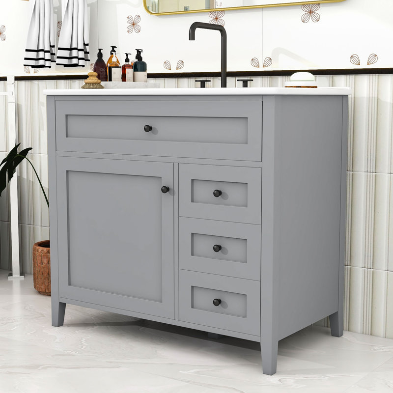 Meuble-lavabo en bois avec lavabo, 3 tiroirs, tablette et portes, Gray, 36"
