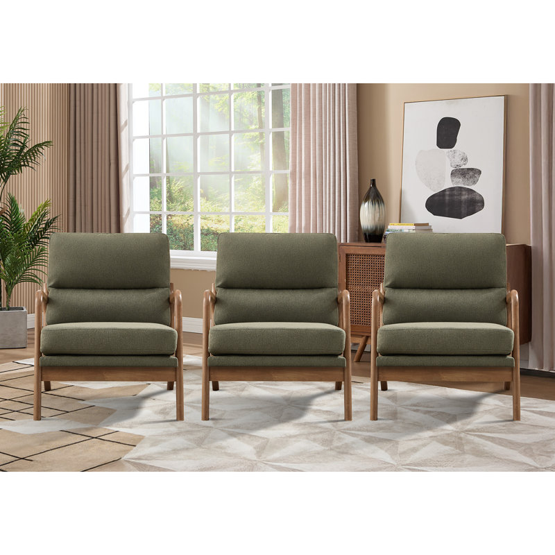 25.59'' Wide Upholstered Fabric Accent Armchair With Solid Wood Leg (Set of 3), Green Linen Blend