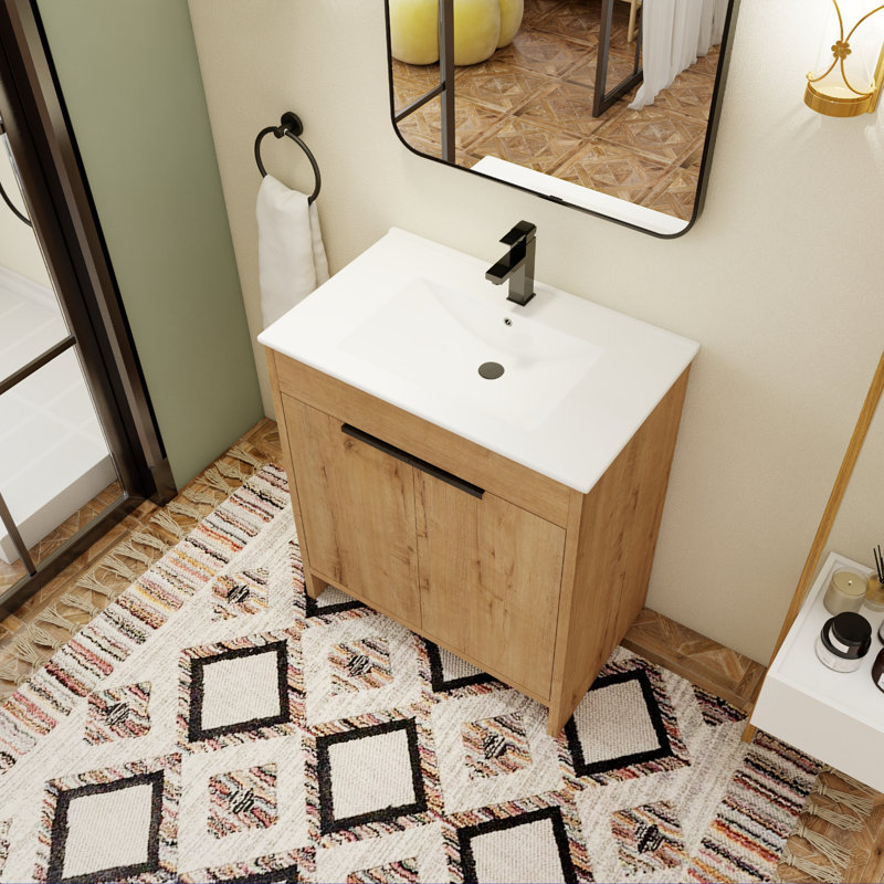 Meuble-lavabo simple autoportant 30 po avec comptoir en céramique Barrero, Blanc, Imitation chêne