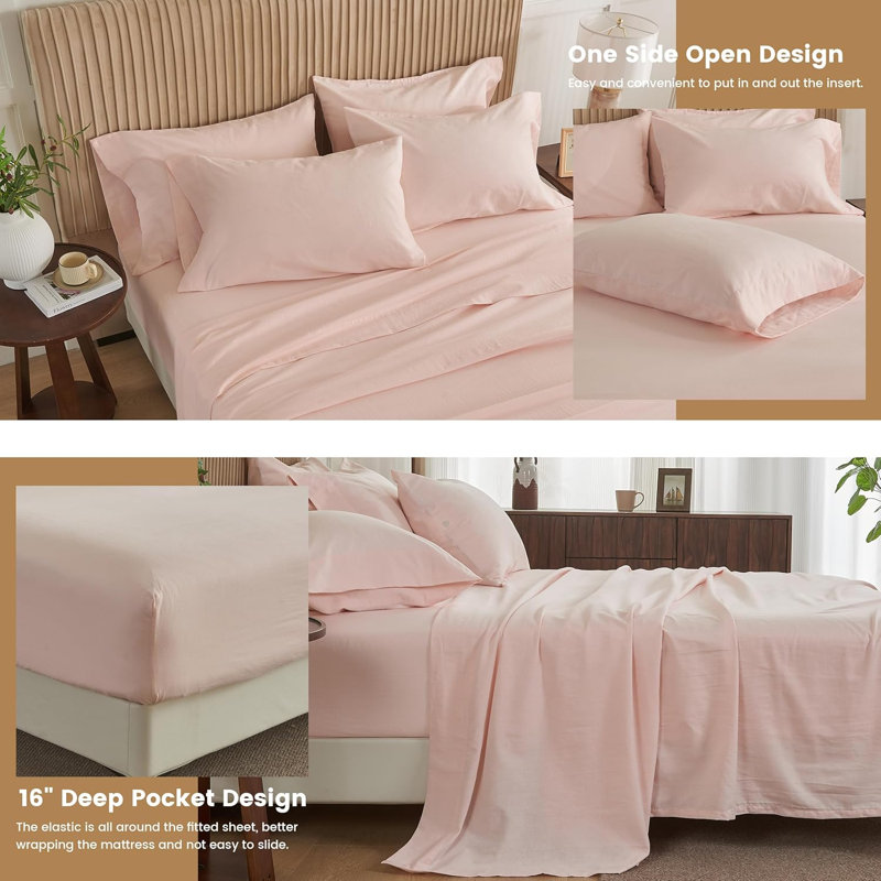 Ensemble de draps de couleur unie - 6 pièces, 4 taies d'oreiller, 1 drap-housse, 1 drap plat, Pale Pink