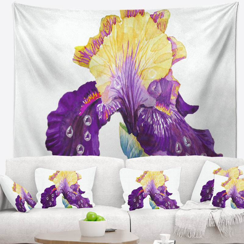 Tapisserie d'iris en fleurs bleues et jaunes, H 68 po x l 80 po