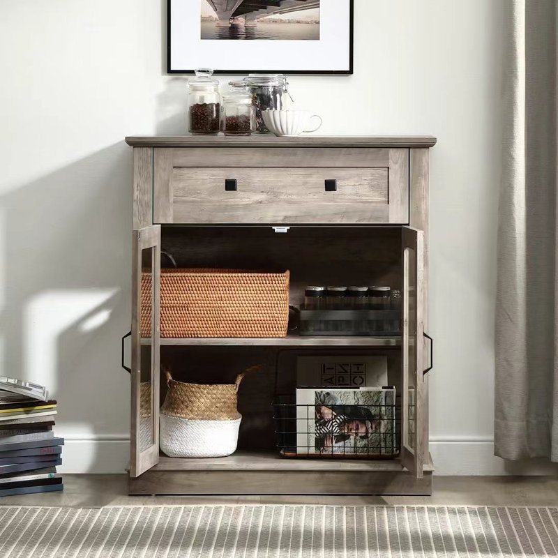 Élégante petite armoire avec lumières DEL - Petit buffet peu encombrant avec tablette réglable, portes en verre et tiroir - Rangement de cuisine moderne pour le café, les tasses et les essentiels