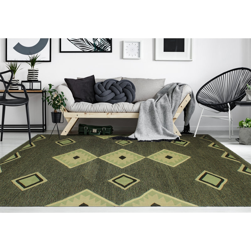 Tapis vert / ivoire en laine noué à la main de conception unique 8 pi 3 po x 11 pi 1 po Alverson