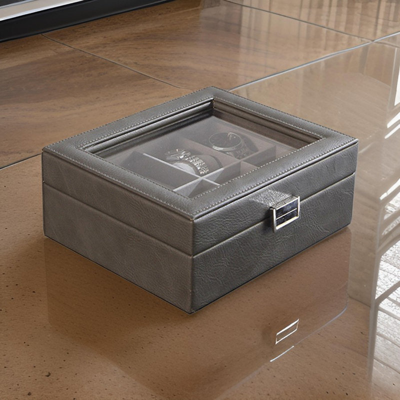 Boîtier de montre 9 pouces avec 8 espaces, similicuir gris, doublé, couvercle en verre, noir