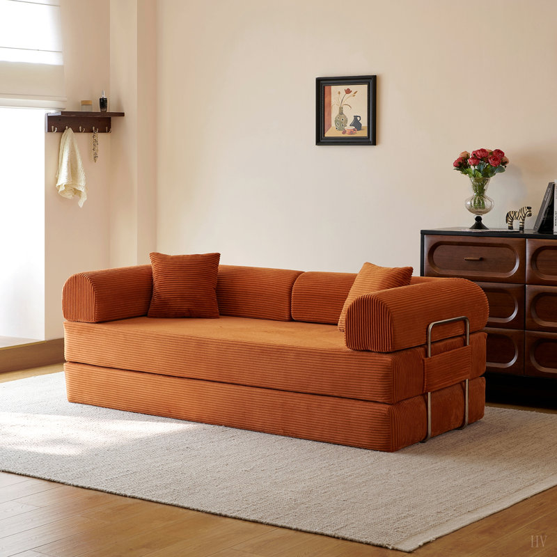 Canapé à compression de 78,8 po, canapé-lit convertible au sol avec accoudoirs avec dossier coussiné, canapé-lit futon confortable, causeuse modulaire désossée, tissu en velours côtelé, pour le salon, la chambre à coucher