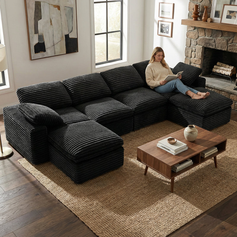 Canapé modulaire en velours côtelé en U avec repose-pieds KKL 150 po KKL, sans assemblage requis, noir, Noir
