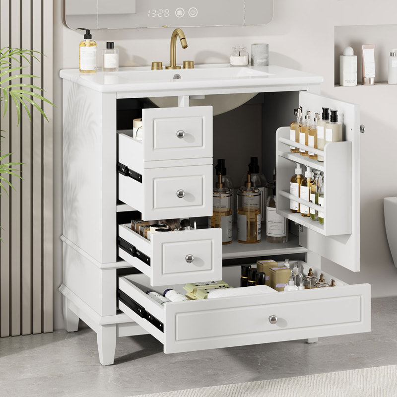 Meuble-lavabo moderne avec lavabo en céramique, porte à fermeture amortie, rangement à plusieurs niveaux et finition résistante à l'humidité