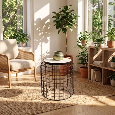 ExpoBazaar 14.5" W x 14.5" D x 16.5" H Marble and Metal Geometric Wire Base Round End Table