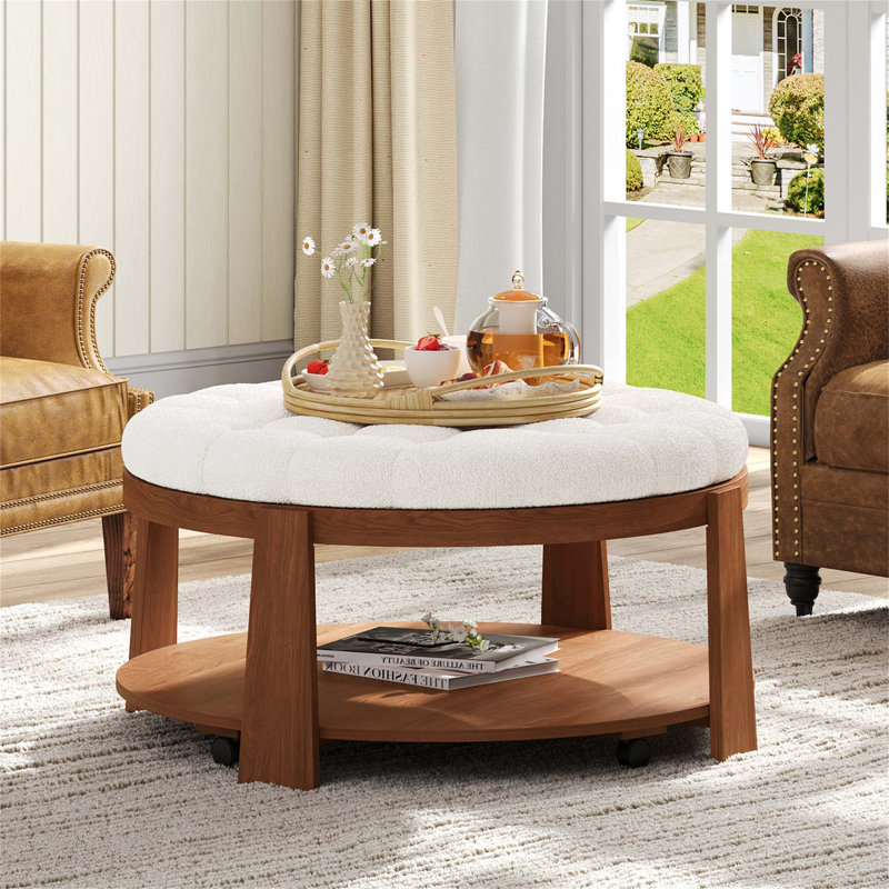 Versatile Tufted Ottoman Coffee Table with Shelf and Wheels for Living Room, Ivory White