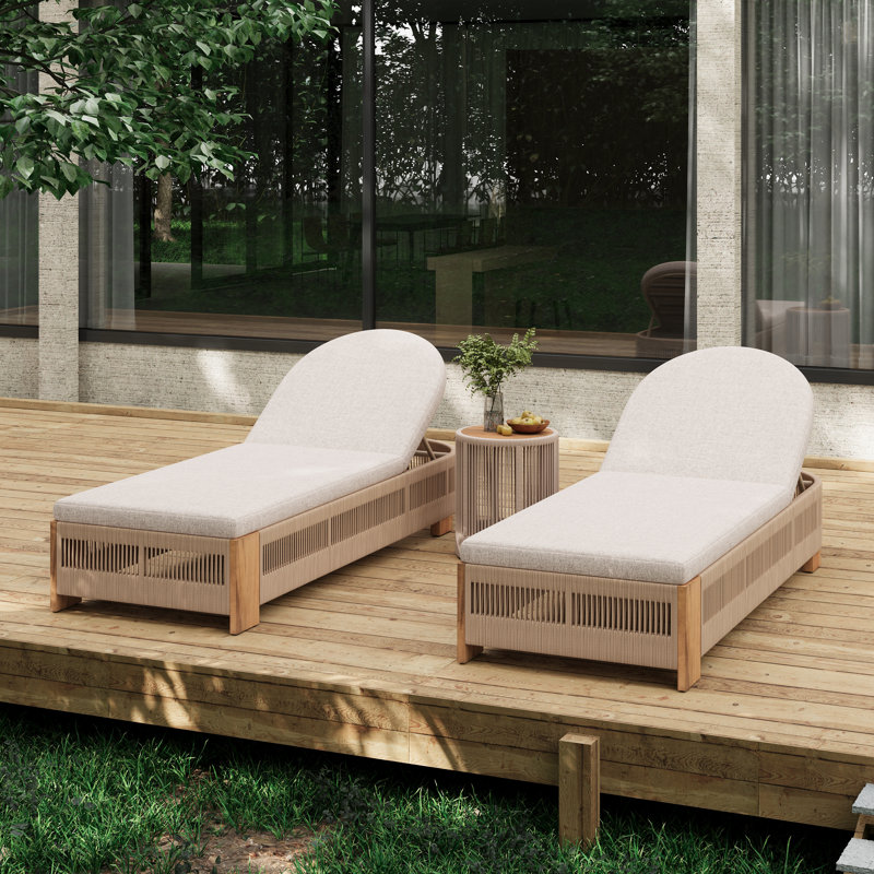 Outdoor Rope Chaise Lounge Set With Teak Look Wood, Adjustable Backrest, And Beige Cushions For Patio And Poolside Relaxation