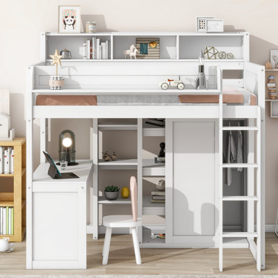Lit mezzanine simple avec caractéristiques et garde-robe, bois blanc pour les petites chambres, rangement