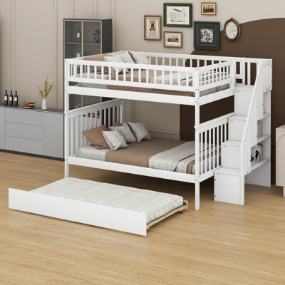 Full Over Full Size Bunk Beds With Storage Compartments, Trundle And Stairway