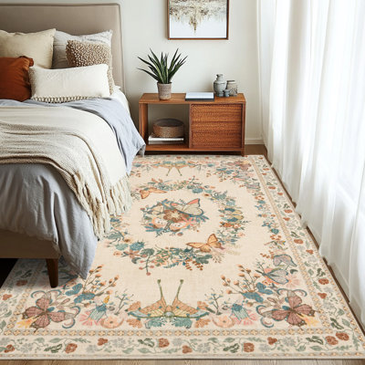 Tapis papillon 5 x 7 pi pour salon, tapis à poils courts avec envers en caoutchouc lavable et antidérapant grand tapis moderne pour chambre à coucher, jaune clair