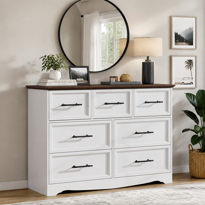 Commode pour chambre à coucher, commode de ferme de 47 po de largeur avec poignée en métal brossé, meuble télé en bois pour commode pour chambre à coucher, salon, couloir, blanc
