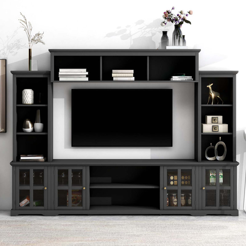 TV Console with Bridge, Tempered Glass Door, Fits Up to 70" TVs, Black