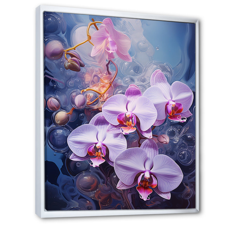 Collage d'orchidées mauves sur toile, Cadre flottant blanc, 32" H x 16" W