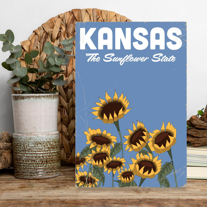Kansas Sunflower State Classic Retro Rustic Sunflower Nature Summer Wall Art Print 1 Piece Wrapped Canvas Wall Art