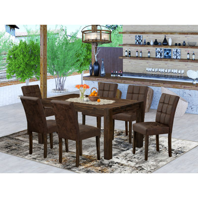7 Piece Dining Table Set contain A Dinning Table and 6 Black Textured Polyester Fabric Mid Century Modern Dining Chairs, Distressed Jacobean