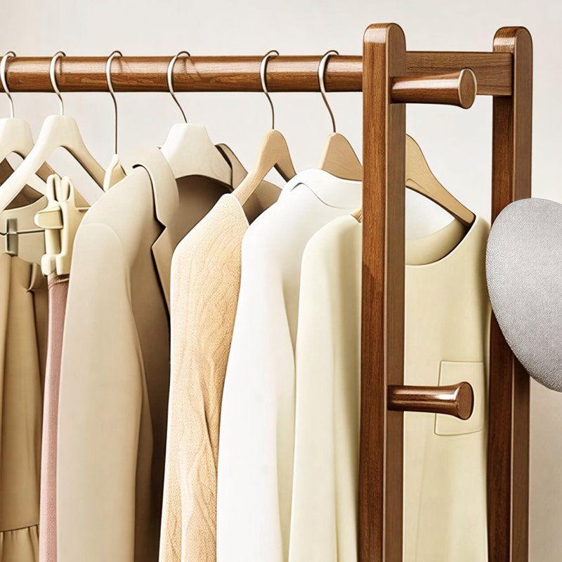 Solid Wood Floor-Standing Heavy-Duty Coat Rack, Double-Layered With Four Hooks, Suitable For Hanging Clothes, Bags, And Hats; Ideal For Entryways, Bedrooms, And Hallways.