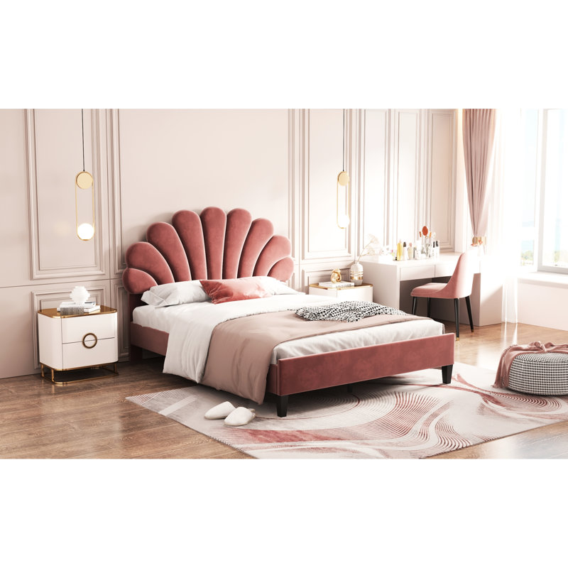 Bean Paste Red Bed With Velvet Flower Headboard - Upholstered Platform, Wood Frame, Extra Comfort, Partial Assembly, Easy Setup Full Size Platform In Red, Build, No Foundation Needed, Airy Mattress