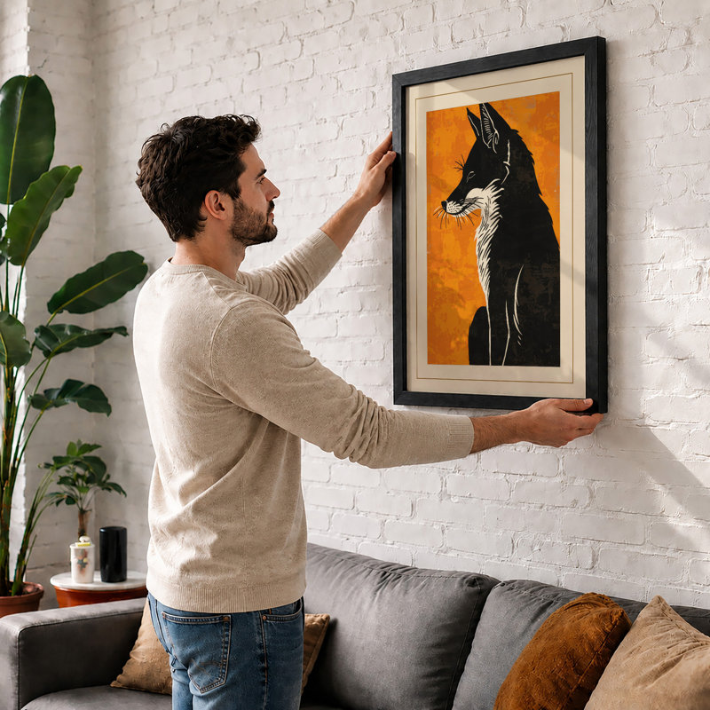Striped Cat in Profile Art Deco - Framed Print, Black, A3 - 42.0 x 29.7 cm