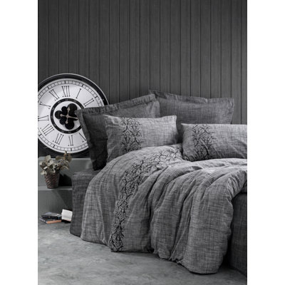 Ensemble de housse de couette simple 100% coton Ranforce, gris, housse de couette 55,1 po x 78,7 po et 1 taie d'oreiller 23,6 po x 23,6 po | Impression réactive, lavable à la machine, 145 fils, fermeture à boutons pour couette, enveloppe pour taie d'oreiller