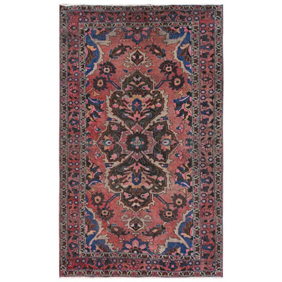 Tapis 5 pi x 8 pi 8 po rose Hamadan persan rétro avec un grand médaillon ciselé, bas et patiné, 100% laine, noué à la main, sans poils, côtés et extrémités sécurisés professionnellement, tapis oriental