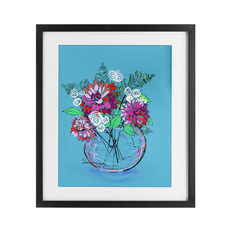 Dahlias dans un vase transparent, reproduction encadrée sous verre, design par Susan Lugar, H 21 po x l 17 po