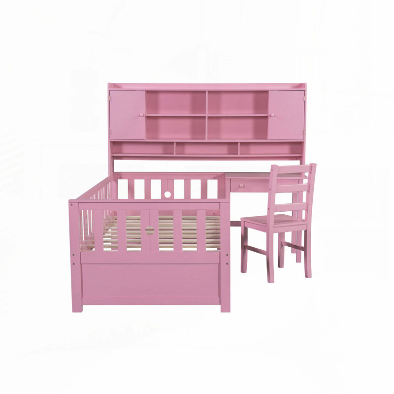 Wood Platform Bed with Bookshelf at the Head of the Bed, Built-in Desk and Matching Chair, Pink