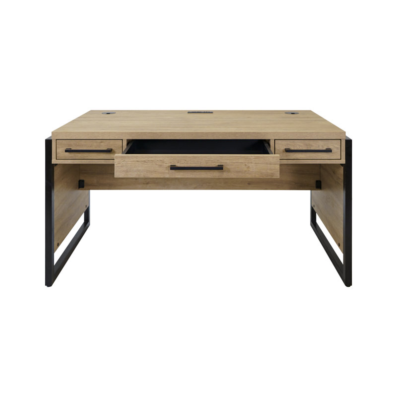 Solid Wood Computer Desk with Built-In Electrical Outlet, Light Brown/Black