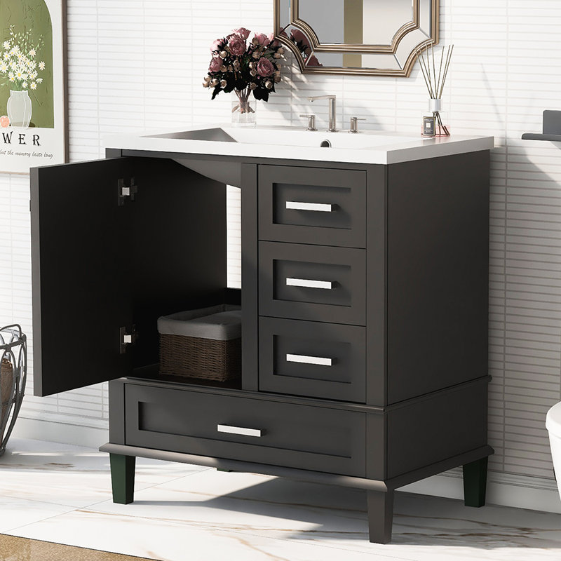 Meuble-lavabo simple 30 po avec plateau en bois massif Telvis