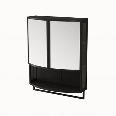 23.62"Modern Arched Glass Double-Door Wardrobe With Shatterproof Non-Glass Mirror-Double-Layer Storage,Open Shelf & Towel Rack For Entryway, Living Room,Bathroom, Dining Room (Black)
