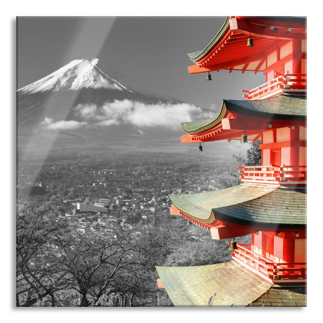 Glasbild Tempel vor dem Berg Fuji