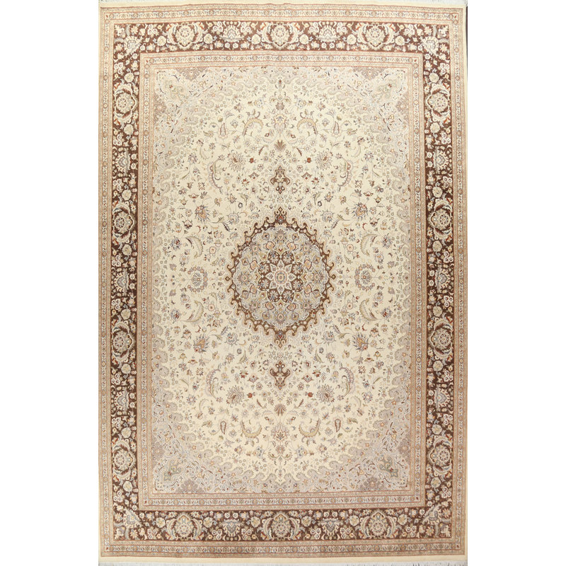 Tapis beige en laine noué à la main de conception unique 9 pi 11 po x 14 pi 4 po Tabriz