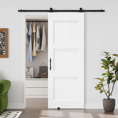 Pre-Assembled Door, 80''H 3-Panel Sliding Barn Door White Surface Paintable Manufactured Wood Bathroom Closet Doors(Included Double-sided Handle)
