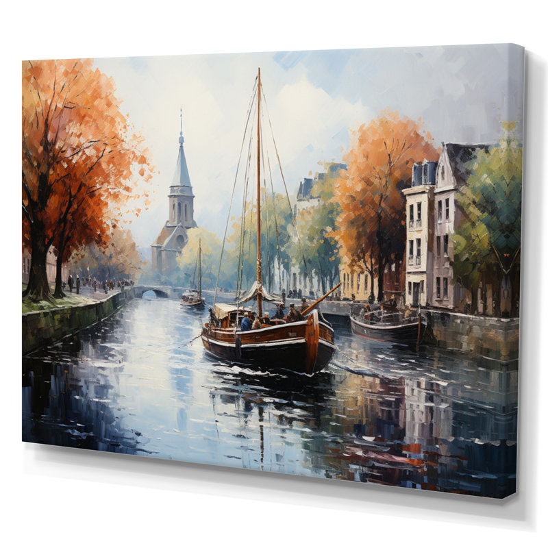 Orange Canal Waterway Pointillism I - reproduction, H 12 po x l 20 po x P 1 po, Toile tendue