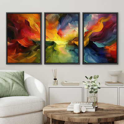 Colorful Abstract Pastel Strokes Bright Multicolor Wall Art Set - Framed Flat Canvas 3 Pieces Print