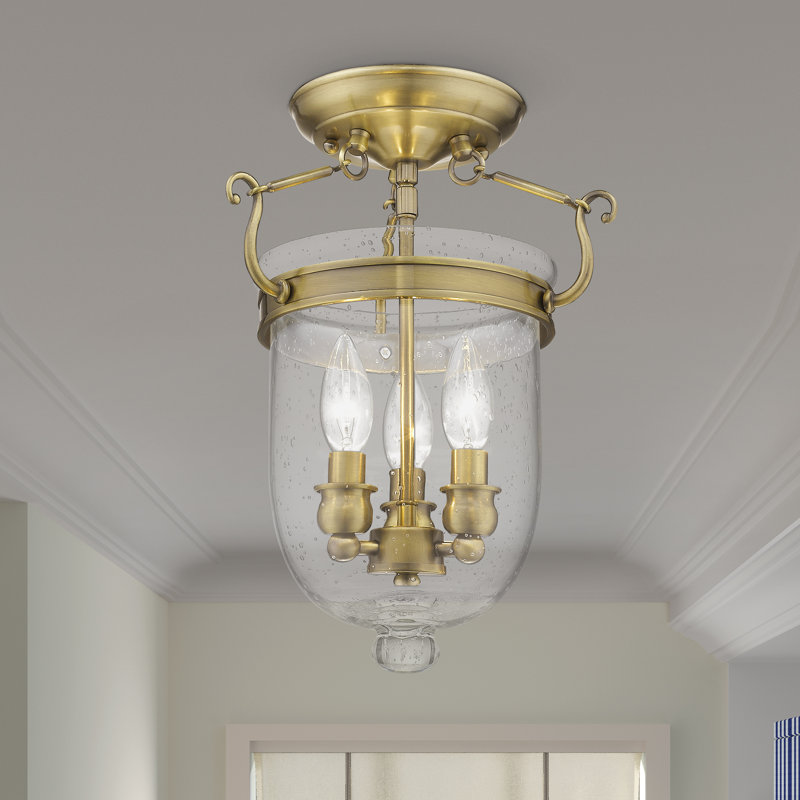 Husman Glass Semi Flush Mount, 14" H x 10" W x 10" D, Antique Brass
