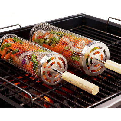 Rolling Grill Basket 2-Pack, Premium 304 Stainless Steel, Removable Wooden Handles, Upgrade Rolling Grill Baskets For Outdoor Grill, BBQ Grill Accessories For Camping/Backyard Cooking, Ideal Gift For Dad/Husband