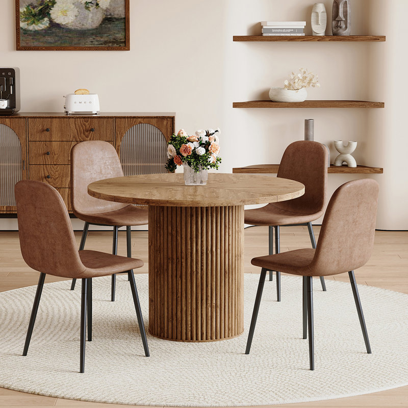 42"L Round Mordern Pedestal Fluted Dining Table Set For 4-6 With 34.5" Dining Chair, 5, Natural Wood