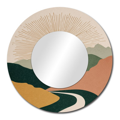 Sunrise Mirror of Mountains Landscape – Green Mid-Century Large Round Accent Mirror, Metal Print