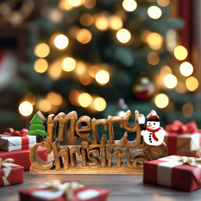 Handmade Wooden Sculpture of Merry Christmas with Snowman – Modern Table Christmas Decor & Holiday Gift for Home