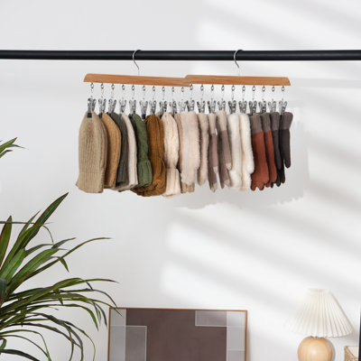 Hat Organizer with 10 Adjustable Stainless Steel Clips, Wooden Cap Storage for Closet