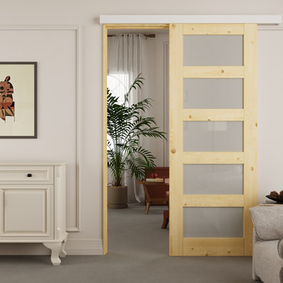 Solid Pine 5-Lite Frosted Glass Barn Door With Hidden Track Installation Hardware Kit/No Assembly Required