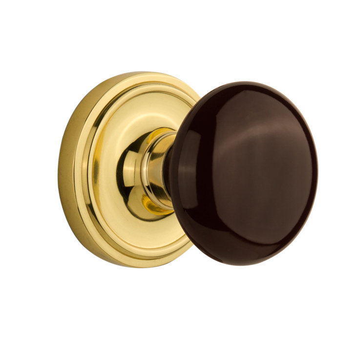 Classic Rosette with Brown Porcelain Door Knob, Polished Brass